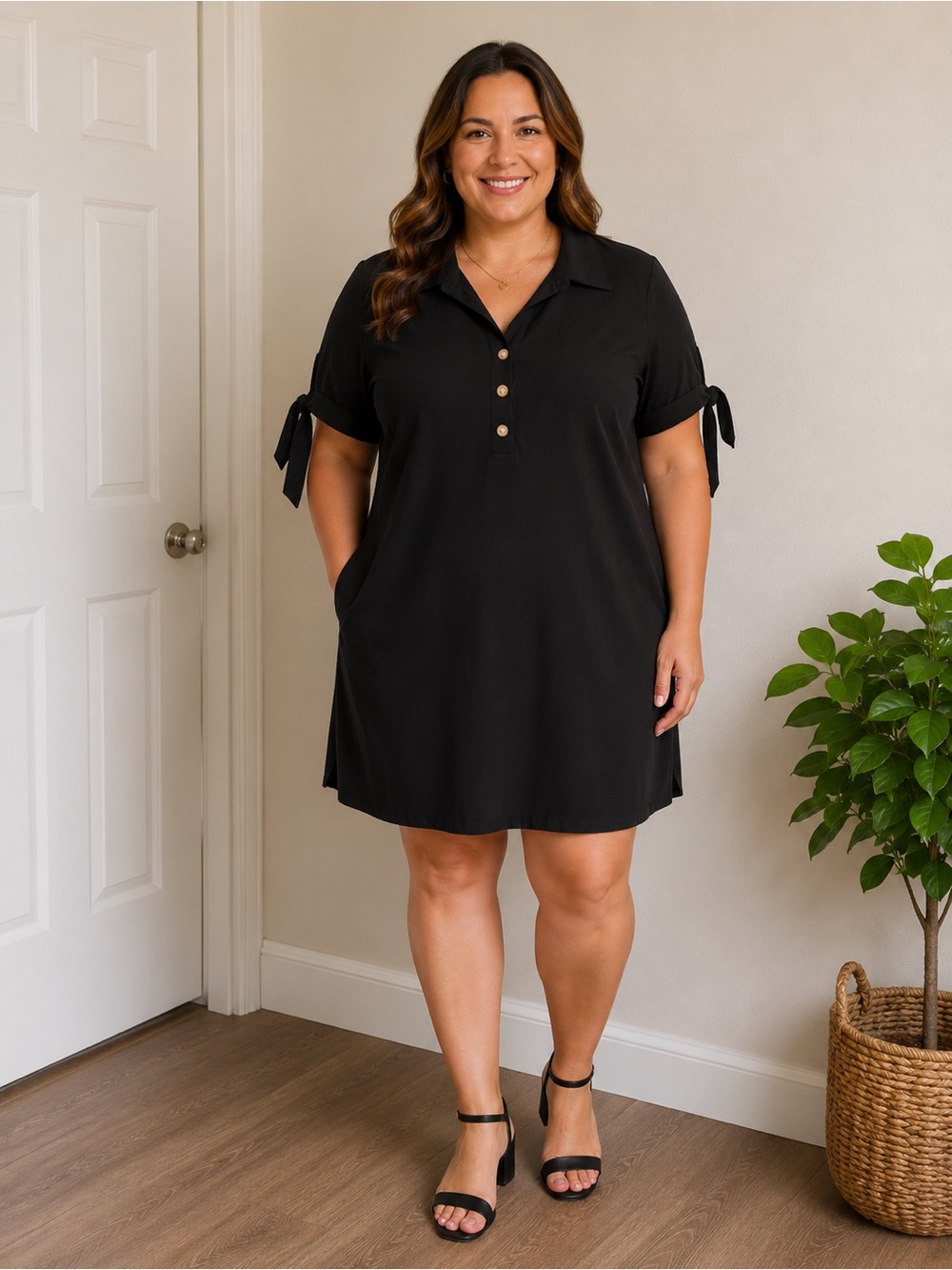 Black Short Sleeve Button-Front Tie Cuff Dress